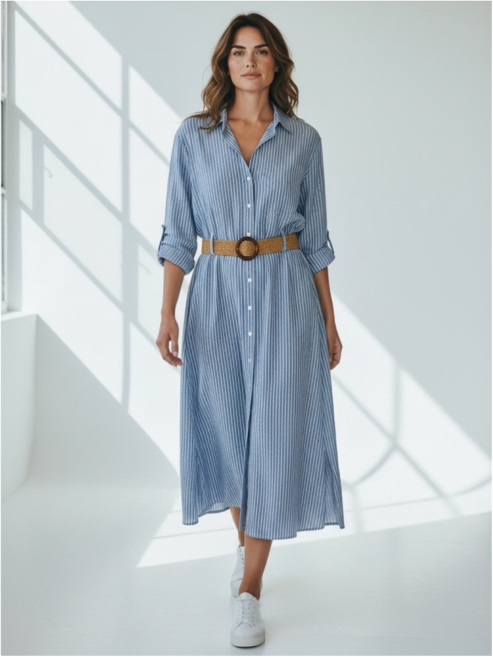 Zara Blue and White Striped Linen Blend Shirt Dress with Woven Tan Belt